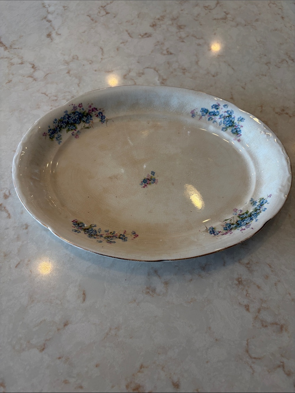 Cream Ceramic Oval Serving Platter with Blue and Pink Floral Accents
